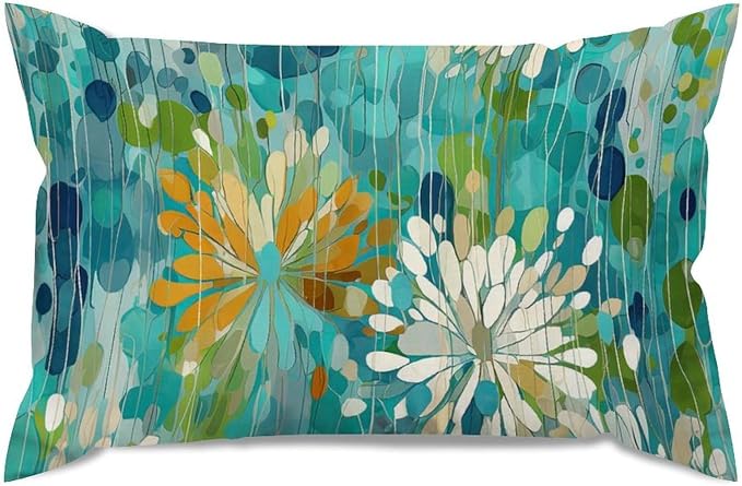Rectangular Cushion Cover Make It Rain Fiesta Pillows Farmhouse Rainbow Teal Flower Pillow Cover Accent Farmhouse Decor Pillow for for Couch Bedroom Sofa Living Room 12x20in