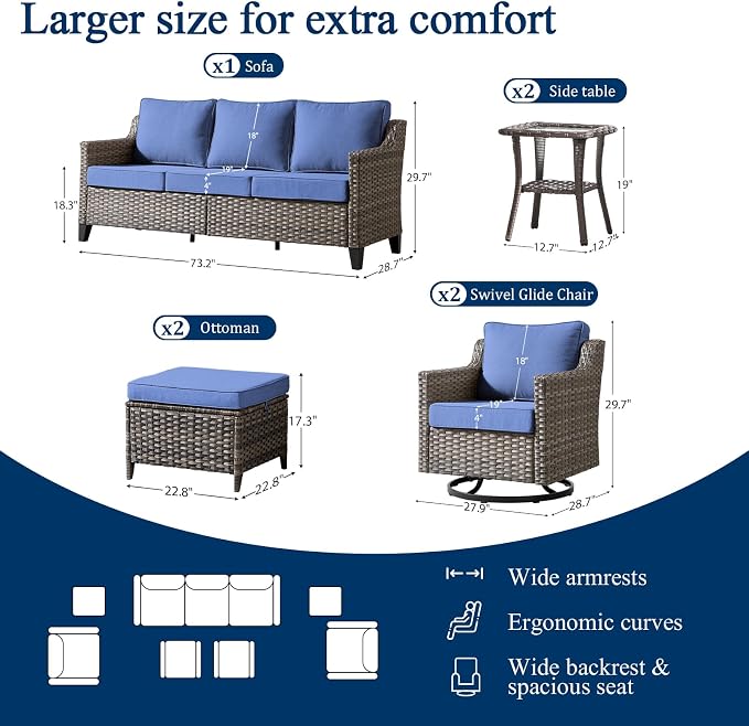 Luxury Patio Furniture sofa Set - 7 Pieces All Weather Wicker Outdoor Couch and High Back Swivel Rocker Patio Chairs with Sofa & footstools for Deck Yard and Poolside Gray Wicker | Blue Cushions