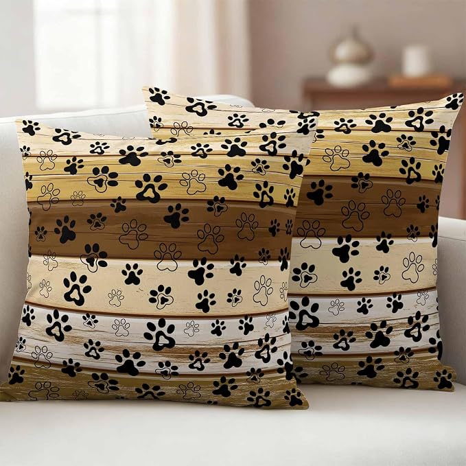 Outdoor Pillow Covers,Dog Paw Print Decorative Throw Pillow Cover Waterproof Pillowcase Set of 2,Linen Cushion Case for Sofa Couch Bed 26x26 Inch,Farm Vintage Brown Wood Board