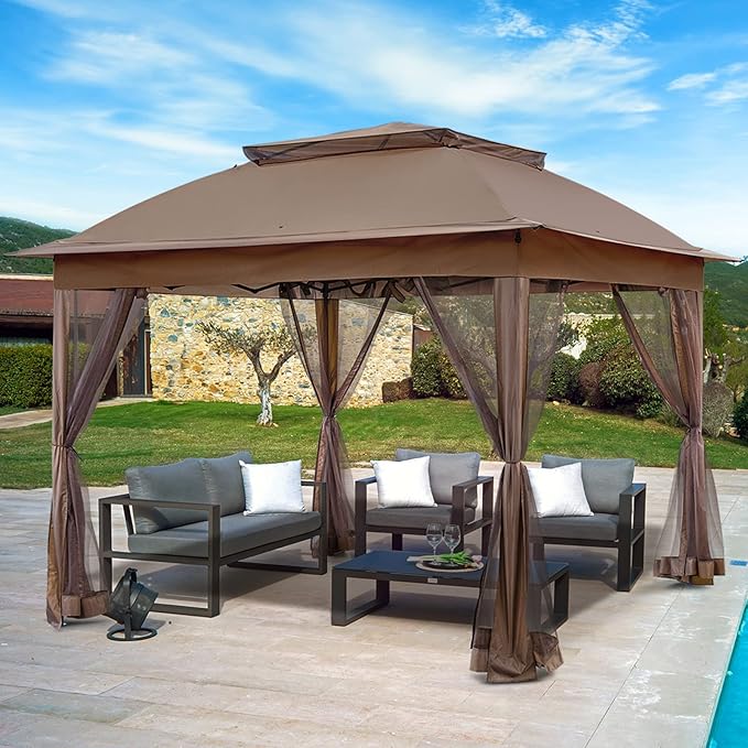 11x11 Pop Up Gazebo Tent with Mesh Netting, Instant Outdoor Canopy with UPF 50+ UV Protection, Water Resistant, Brown