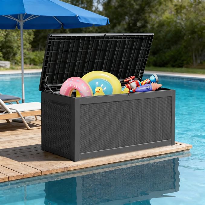 FEFLO 260 Gallon Waterproof Resin Outdoor Storage Box, Lockable & UV Resistant Patio Deck Boxes, Outside Storage for Patio Cushions, Pool Toys, Garden Tools & Package Delivery, Black