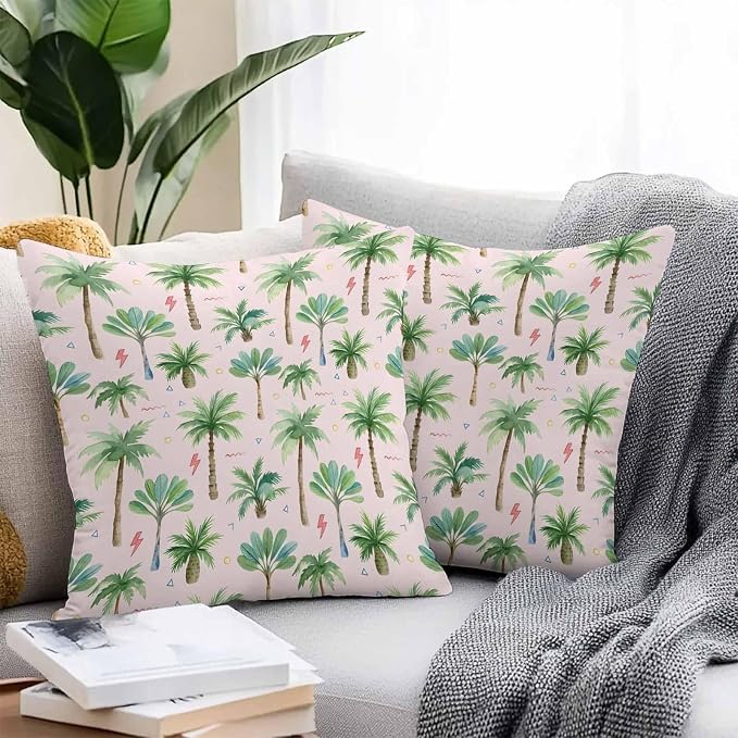 Yukro Tropical Palm Tree Outdoor Waterproof Pillow Covers Pack of 2, Lightning Summer Forest Pink Boho Throw Pillowcases Decorative Cushion Covers for Garden Patio Tent Sofa Couch, 20x20 inch