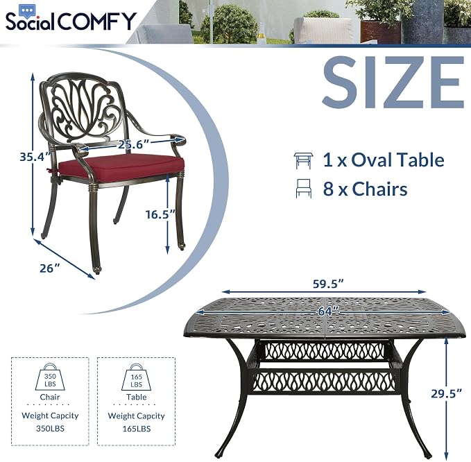 9-Piece Patio Cast Aluminum Dining Set, Outdoor Dining Furniture Set for 8 Person, Includes 64" Square Table and 8 Cushioned Chairs with Umbrella Hole for Patio Deck Garden, Red