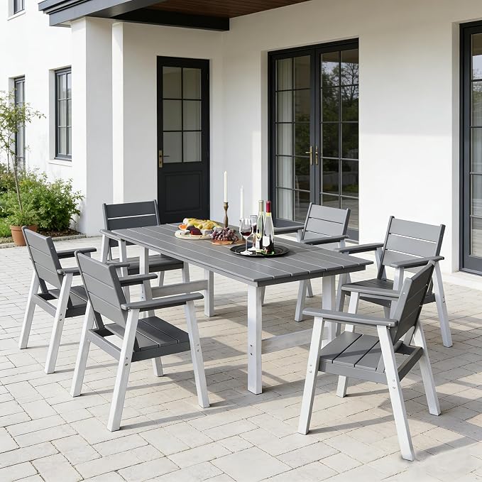 Outdoor Dining Set for 6, 7-Piece Patio Table and Chairs Set, HDPE Outdoor Dining Table and Chairs with Umbrella Hole, All-Weather Dining Furniture Set,White Grey