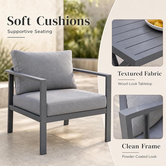 Aluminum Patio Sectional Furniture Set, 4 Piece Patio Conversation Sets Outdoor Patio Furniture Set Sofa with Coffee Table & Washable Cushions Grey