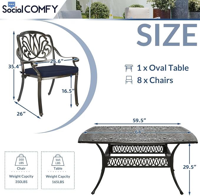 9-Piece Patio Cast Aluminum Dining Set, All-Weather Outdoor Dining Set for 8, Includes 64" Square Table and 8 Cushioned Chairs with Umbrella Hole for Patio Deck Garden, Navy Blue