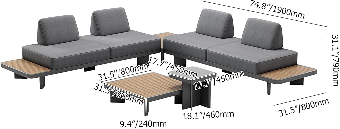 homary 5-Piece Modular Patio Sofa Set — Weather-Resistant Outdoor Conversation Set with Cushions, Configurable Design for Decks, Gardens, and Poolside, Grey, Without Umbrella