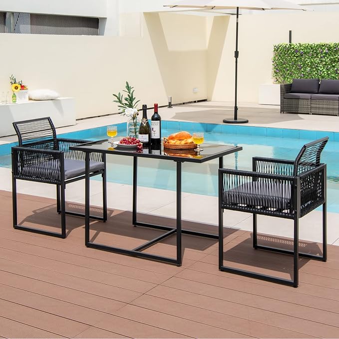 DORTALA Wicker Outdoor Bistro Set 3 Piece, Small Patio Furniture Dining Set with with Cushions, Tempered Glass Tabletop, All- Weather Table and Chairs for Backyard, Balcony, Poolside, Black+Grey