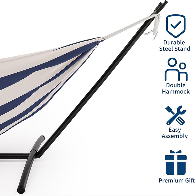 Double Hammock with Stand for Outside - 2 Person Heavy Duty Hammock, Portable Steel Stand for Patio Yard, Easy Assembly, 450 Lbs Capacity