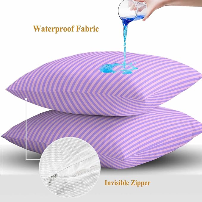 Throw Pillow Covers 26x26 Inch Set of 2, Purple Pink Waterproof Outdoor Cushion Covers, Geometric Vertical Striped Solid Rainbow Decorative Pillowcases for Couch, Sofa, Bed, Garden, Patio