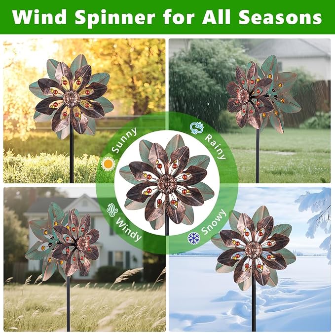 VEWOGARDEN Wind Spinners Outdoor with 2 Blades, Metal Kinetic Wind Spinner with Flower Design for Yard Garden Lawn Decorations