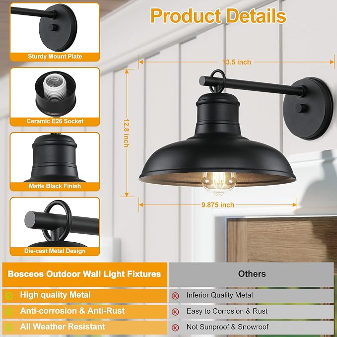 2-Pack Outdoor Wall Lights, Exterior Farmhouse Barn Light Fixtures, Black | Vintage Wall Sconces, Indoor Wall Mount Lighting Fixtures, Anti-Rust Waterproof Exterior Light for Patio Porch Doorway Garage