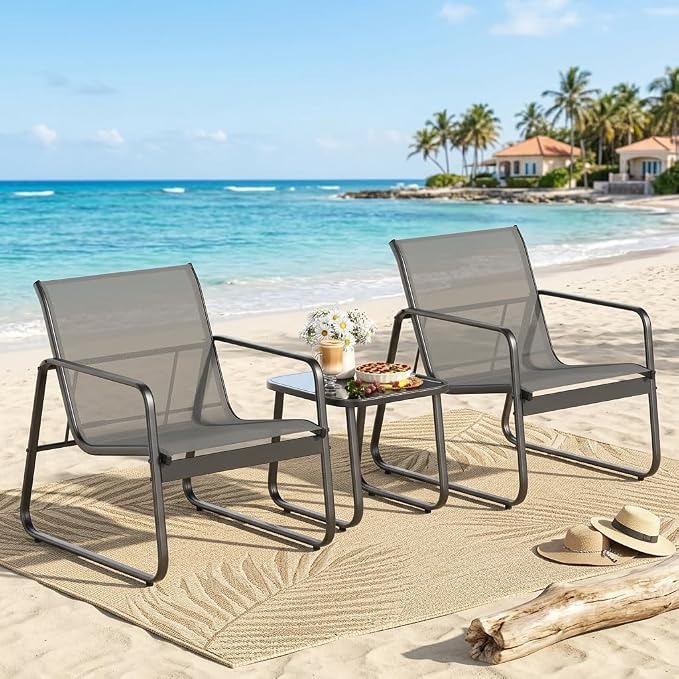Gizoon Patio Chairs Set of 2, 3 Piece Patio Furniture Set, Bistro Sets,with Textilene Fabric, Metal Frame Coffee Table, Outdoor Chairs Set, for Balcony, Backyard,Lawn, Garden, Poolside, Grey