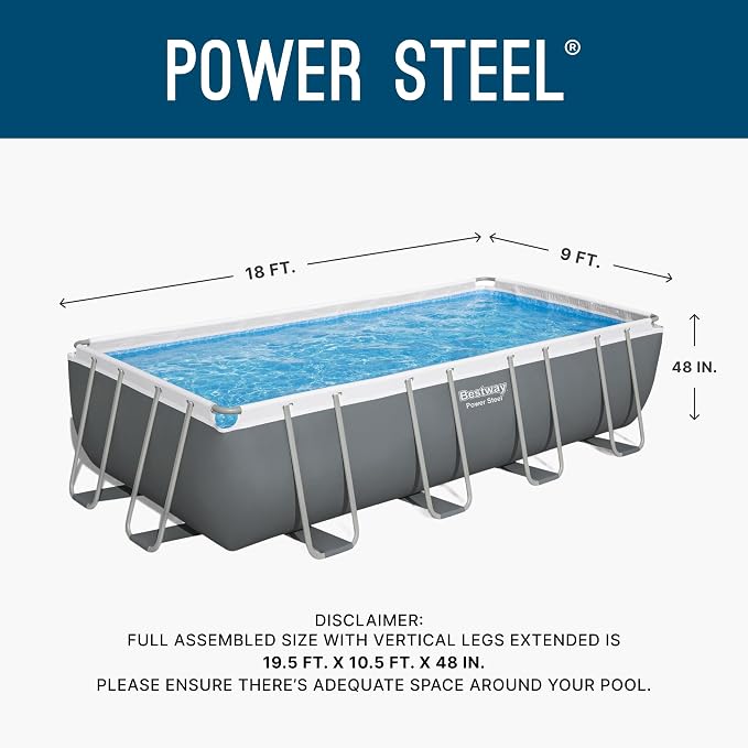 Bestway Power Steel 18’ x 9' x 48” Above Ground Pool, Rectangular Metal Frame Outdoor Swimming Pool Set with Filter Pump, Ladder, and Cover