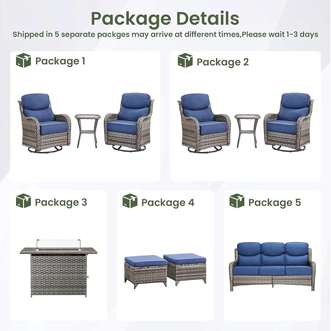 Luxury Patio Furniture Set 10pcs with 6-inch Cushion, Outdoor Furniture with Fire Pit Table, Swivel Chairs, Sofa, Side Table, Ottomans, Patio Set for Deck Yard Grey Wicker | Blue Cushions