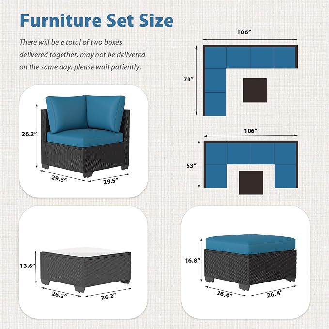 AECOJOY 7 Piece Outdoor Patio Furniture Set, Outdoor Sectional Conversation Furniture Chair with Coffee Table, Patio Sectional for Backyard, Garden(Peacock Blue Cushion and Black Rattan)