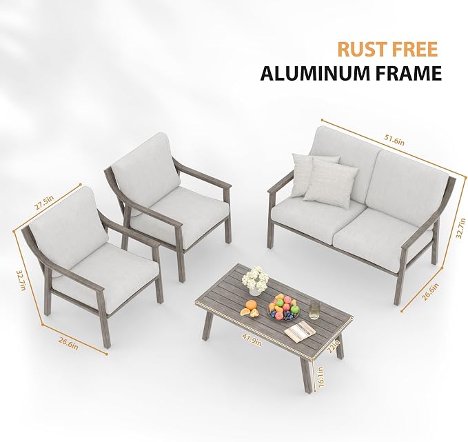 HAPPATIO 4-Piece Patio Furniture Set - Outdoor Aluminum Patio Conversation Set Includes 1 Loveseat, 2 Armchairs, and 1 Coffee Table, Perfect for Porch, Deck, Garden, (Grey)