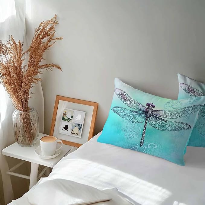 Vandarllin Outdoor Throw Pillows Covers 20x12 inch Set of 2 Waterproof Watercolors Dragonfly Decorative Zippered Cushion Covers for Patio Furniture, Teal Painting Lumbar Pillowcases