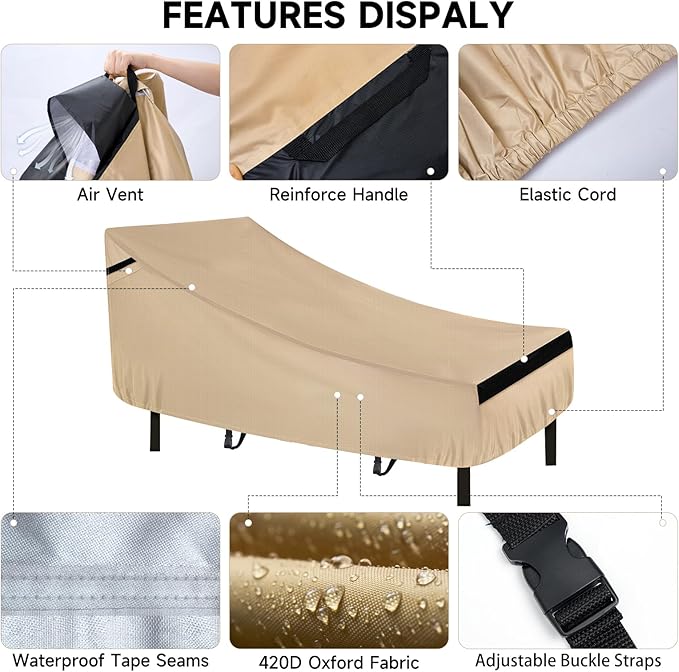 NEVERLAND Patio Chaise Lounge Cover - 420D Lounge Chair Covers Waterproof Outdoor with Air Vent and Adjuatable Buckles All Weather Protection - 84L x 32W x 30H inch Golden