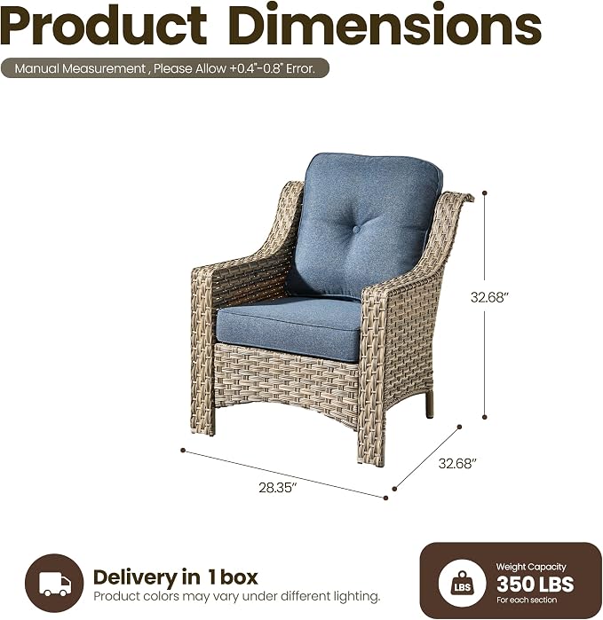 2 Piece Patio Furniture Set, Outdoor Wicker Chairs Set of 2 with Thick Cushion, Heavy Duty High Back Comfortable Chair for Small Balcony Porch Garden, Denim Blue