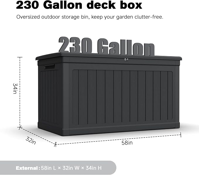 230 Gallon Outdoor Storage Deck Box, XXL Waterproof Resin Patio Storage Box with Lockable Lid, Heavy Duty Outdoor Cushion Storage Bin for Patio Furniture, Pool Supplies, Garden Tools, Black