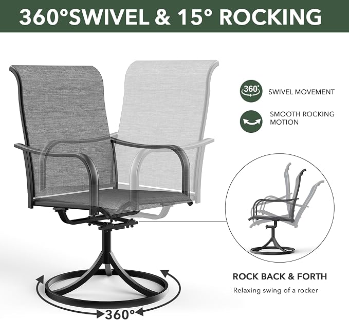 Grey Patio Swivel Rocker Chair and 54" Round Table Oudoor Dining Set 7 Sty2 | 6 Piece Swivel Chairs: High Back, Curved Armrest, Textilene Fabric, Rocking; 6-8 Person 54 inch Metal Round Table
