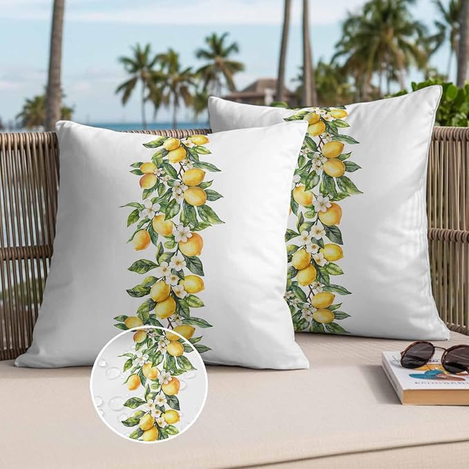 Yellow Lemon Waterproof Outdoor Pillow Covers Set of 2 Home Decor, Simple Spring Botanical Fruit Leaves Flower Pillowcase Patio Pillow Covers for Couch Bench Furniture Garden 26x26in