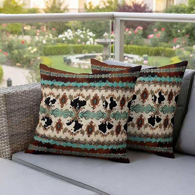 Boho Cowhide Outdoor Pillow Covers 26"x26" Set of 2, Western Aztec Tribal Green Brown Cow Texture Waterproof Throw Pillow Covers for Patio Furniture, Decorative Cushion Covers for Porch