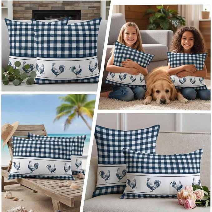 Outdoor Waterproof Throw Pillow Covers Set of 2 Chicken Cock Rooster Pillowcases 24x24 Inches Farmhouse Animal Blue Plaid Decorative Pillows Cushion Case Patio Pillows for Couch Bed Chair Garden