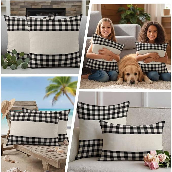 Retro Black Outdoor Waterproof Pillow Covers, Farmhouse Buffalo Plaid Vintage Beige Decorative Rectangle Throw Pillowcase Sofa Cushion Sham for Patio/Couch/Chair, 20"x12" 2 Pack