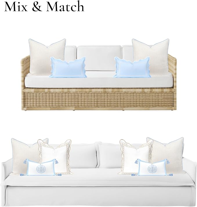 Hofdeco Premium Coastal Hampton Patio Indoor Outdoor Throw Pillow Cover Only, 20"x20" Water Repellent for Backyard, Couch, Poolside, Neutral Tan Blue Print Stripes