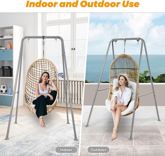 Swing Stand Only, Hammock Chair Stand, Heavy-Duty Metal Stand, Multi-Use Swing Frame for Indoor and Outdoor, Backyard, Max Load 300lbs, Hammock Chair not Included (Grey)