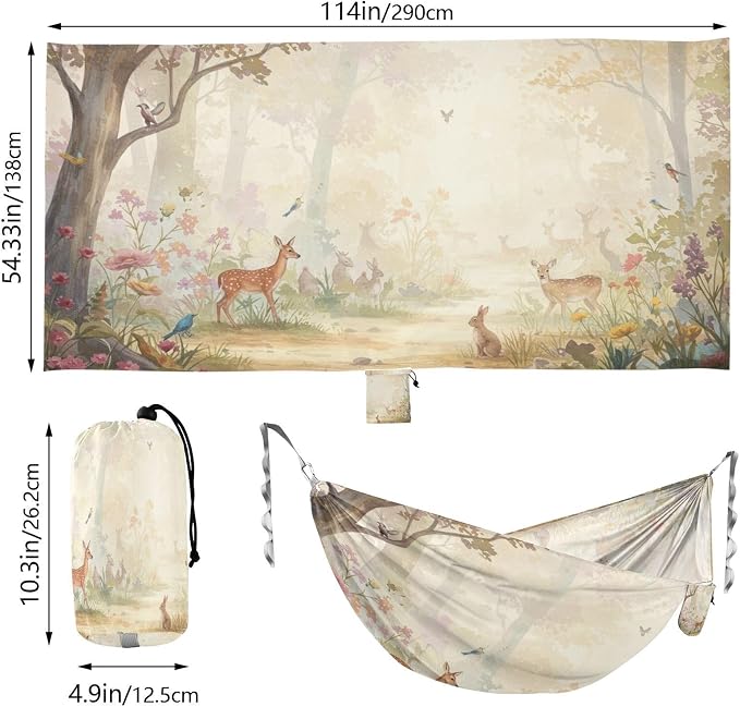 Watercolor Forest Animals Camping Hammock, Portable Lightweight Single Hammock with Tree Straps and Aluminum Carabiners, 114" x 54" Travel Hammock for Hiking Backpacking Beach