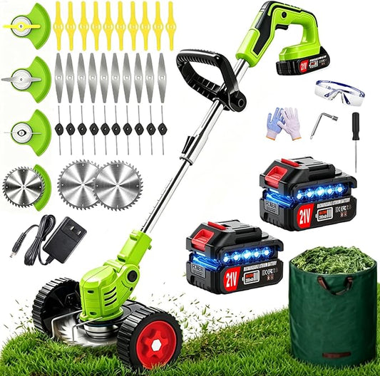 Electric Weed Wacker, 21V Cordless Weed Eater Battery Powered, No String Trimmer with Wheels & Metal Blades, Lightweight Grass Trimmer/Brush Cutter/Lawn Edger, Stringless Weed Trimmer for Yard Garden