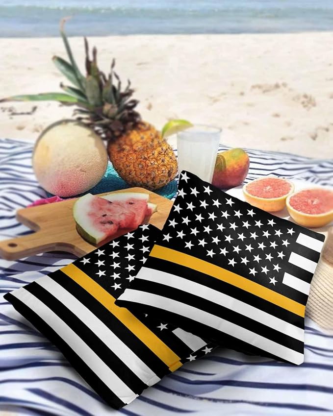 Outdoor Waterproof Pillow Covers Set of 2, Thin Gold Line Dispatchers Dispatch Communications Officer American Flag Patio Throw Pillow Covers, Decorative Cushion Case for Sofa Furniture, 16x16 Inch
