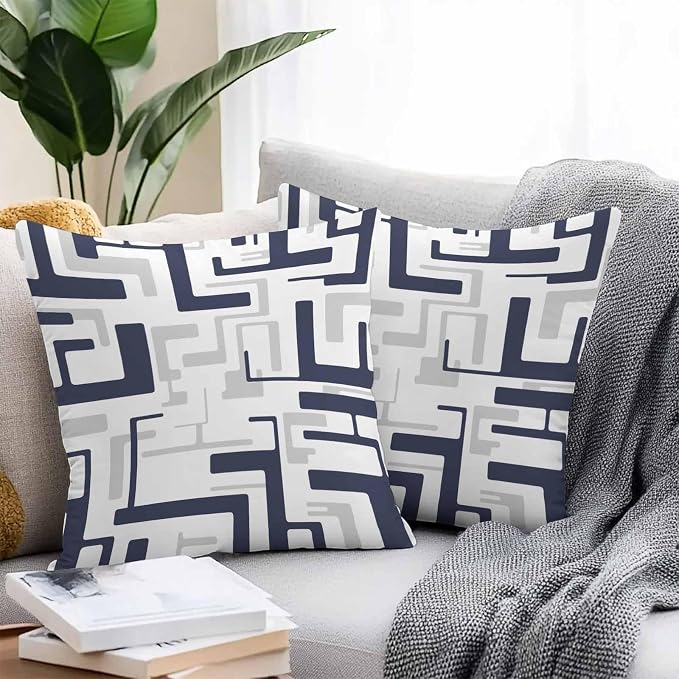 Vandarllin Outdoor Throw Pillows Covers 24x24 inch Set of 2 Waterproof Navy Blue Geometric Stripes Decorative Zippered Cushion Covers for Patio Furniture, Modern Abstract Lines Lumbar Pillowcases