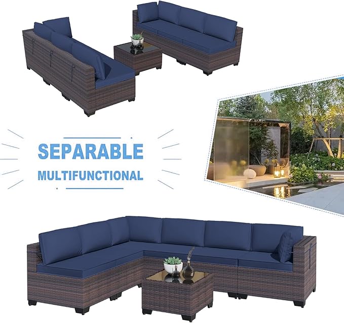 Kullavik 10PCS Outdoor Patio Furniture Set,PE Wicker Rattan Sectional Sofa Patio Conversation Sets with Tempered Glass Table,Swivel Rocking Chairs Set,Navy Blue