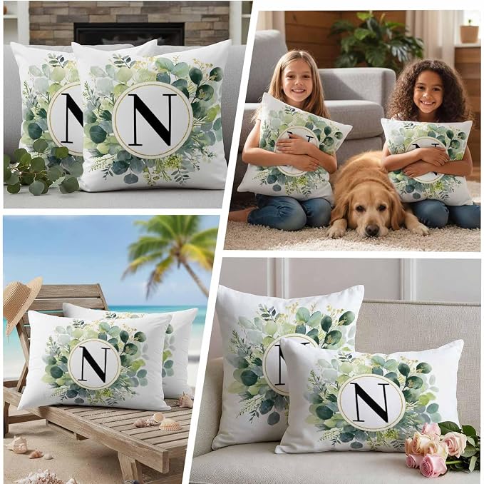 Letter N Waterproof Outdoor Pillow Covers Set of 2 Home Decor, Alphabet Green Eucalyptus Leaves Pillowcase Patio Pillow Covers for Couch Bench Patio Furniture Garden 16x16in