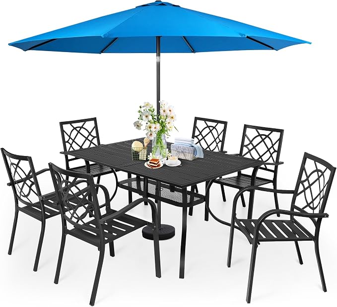 Incbruce 7 Pcs Outdoor Dining Set Wrought Iron Patio Dining Set with Sky Blue Umbrella, Dining Furniture Set (6 Dining Chair and 1 Rectangular Table with 1.57" Umbrella Hole) -Metal Tabletop