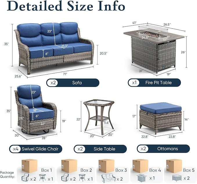 Belord Luxury 6" Thick Cushioned 11 Pieces Patio Furniture Set with Fire Pit Table, Wicker Outdoor Conversation Set with High Back Swivel Rocker Chairs for Deck Porch Yard and Poolside - Grey+Blue