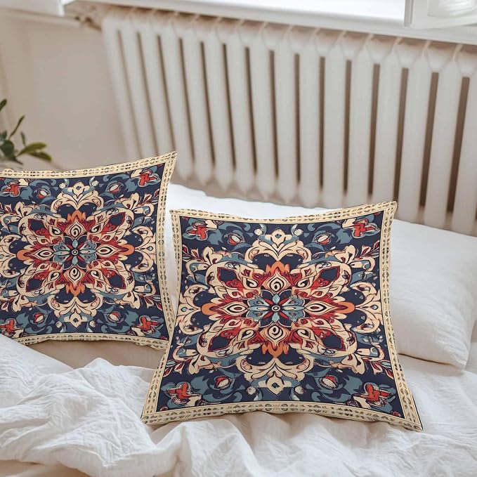 Bohemian Waterproof Outdoor Pillow Covers Set of 2 Home Decor, Blue Retro Boho Ethnic Farmhouse Colorful Pillowcase Patio Pillow Covers for Couch Bench Furniture Garden 18x18in