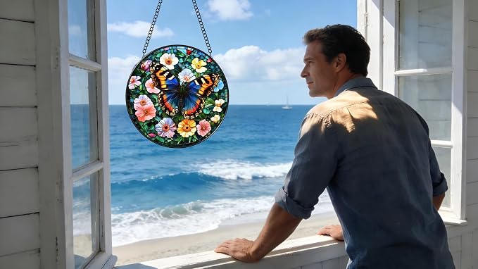 Stained Glass Window Hanging - A Beautiful Butterfly is Dancing in The Sea of Flowers 6.3 Inches Suncatcher for Garden Home Decor for Women Mom Grandma Friends