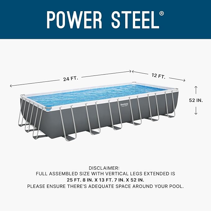 Bestway Power Steel 24’ x 12' x 52” Above Ground Pool, Rectangular Metal Frame Outdoor Swimming Pool Set with Sand Filter Pump, Ladder, and Cover