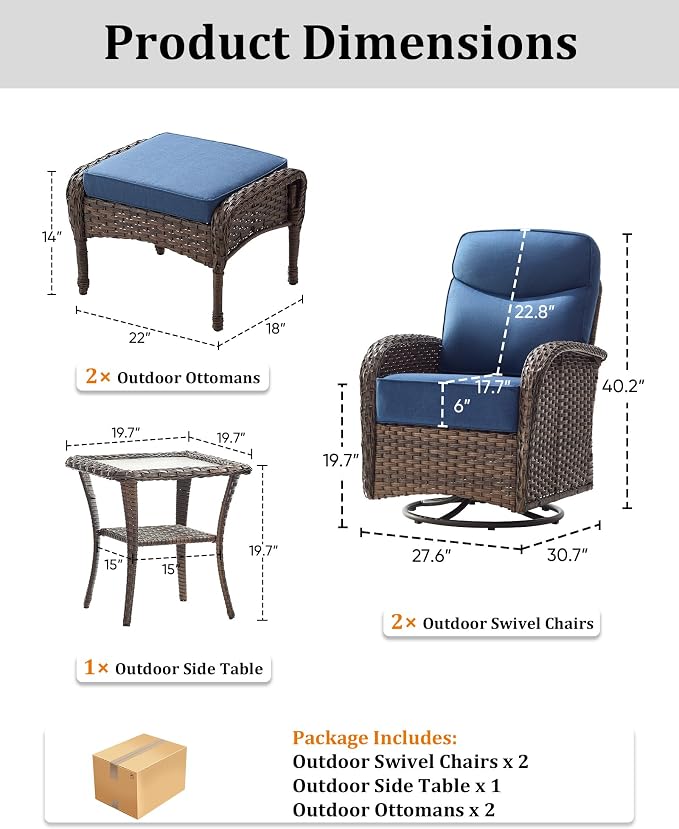 5-Piece Luxury Patio Furniture Set with 6-Inch Thick Cushions, High-Back Outdoor Swivel Rocker Chairs and Table, All-Weather Conversation Set for Porch, Deck, Balcony or Backyard – Blue