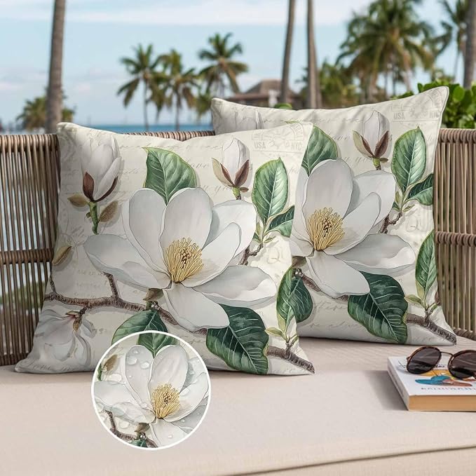 Retro Flowers Waterproof Outdoor Pillow Covers Set of 2 Home Decor, Farmhouse Leaf Branch Green Plants Pillowcase Patio Pillow Covers for Couch Bench Furniture Garden 20x20in