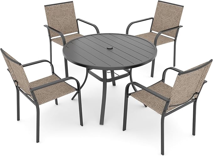 Anmutig 5 Piece Patio Dining Set 41 Inch Round Table Stackable Chairs Beige | Powder-Coated Steel Frame, Quick-Dry Textilene Mesh, Dual-Size Umbrella Hole, Weather Resistant, Patio, Garden, Backyard
