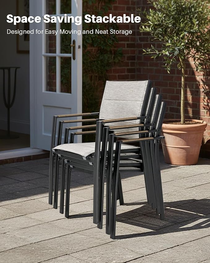 Teak Extendable Patio Dining Set for 8, Aluminum Outdoor Dining Set with 2 Swivel Chairs, Expandable Dining Table and 6 Stackable Double-Layer Textilene Chairs, Patio Table and Chairs Set
