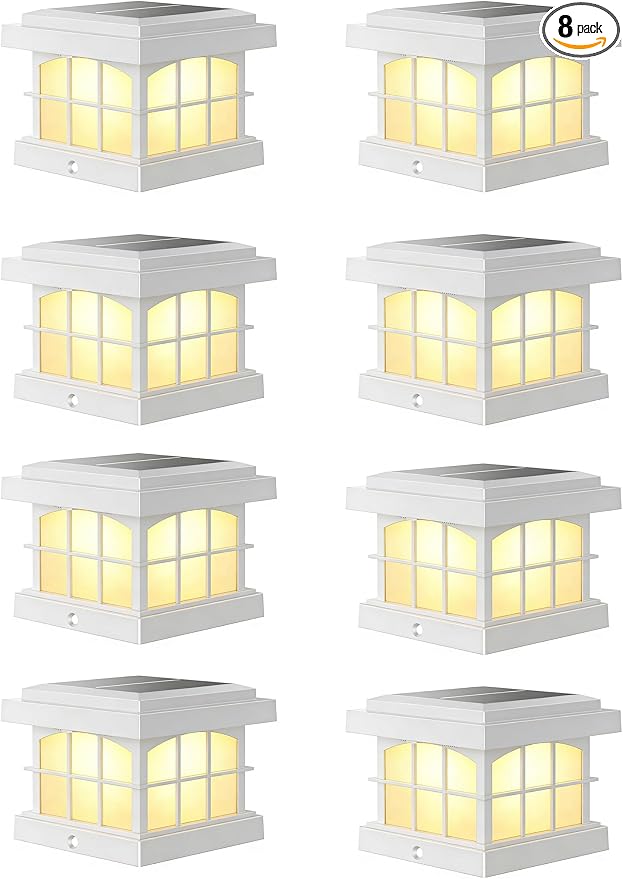RGBCW Solar Post Cap Lights 8-Pack, 9 Colors 3 Modes Fence Cap Lights, Bright Solar Outdoor Waterproof LED Deck Lighting for Fence Garden Deck Patio Porch Decor 4x4 Vinyl/Wood, White