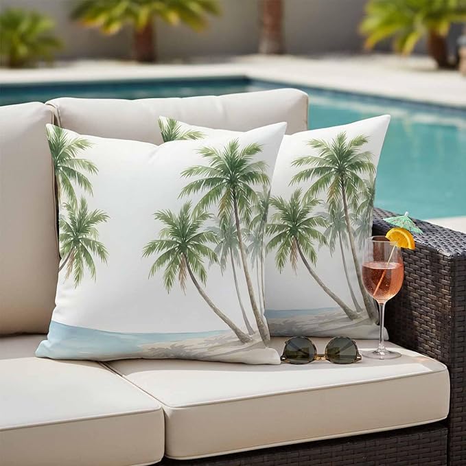 Yukro Coastal Beach Palm Tree Outdoor Waterproof Pillow Covers Pack of 2, Watercolor Coconut Tree Summer Throw Pillowcases Decorative Cushion Covers for Garden Patio Tent Sofa Couch, 20x20 inch