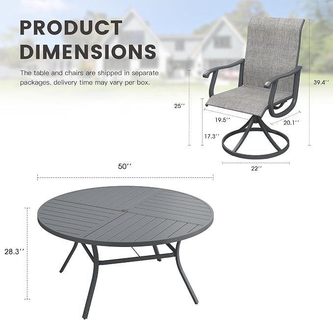 Outdoor Dining Set for 6, 50.1" Metal Round Outdoor Dining Table with Umbrella Hole and Sling Patio Swivel Chairs, 7 Pieces Patio Table and Chairs Set for Garden Backyard, Grey and Dark Grey